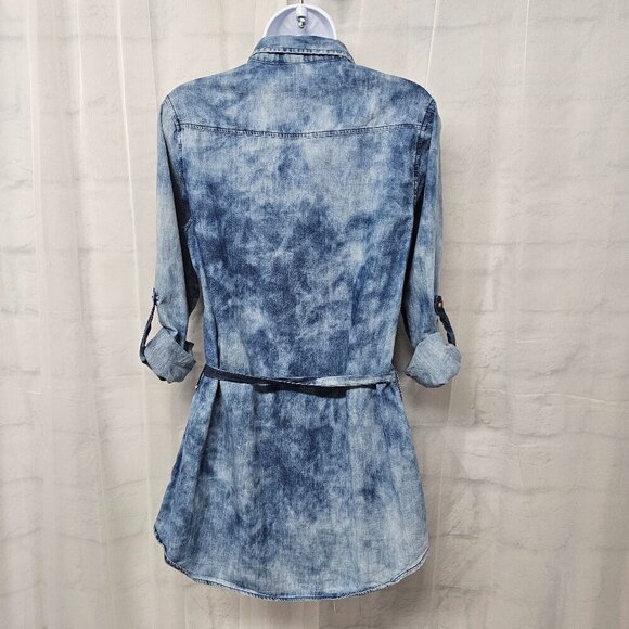 Dizzy Lizzy Blue Chambray Tie Dye Button Down Tunic Blouse Belted Grunge M - Picture 7 of 12